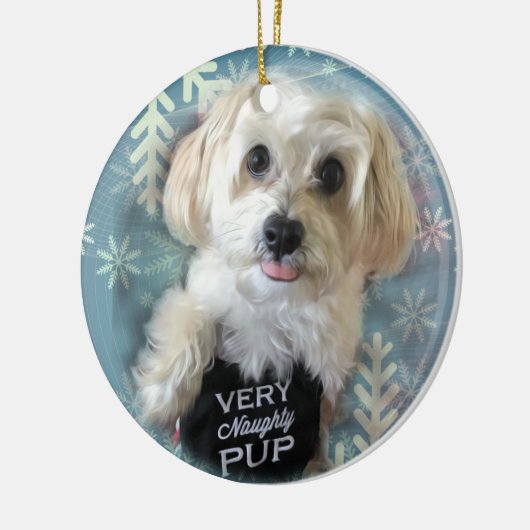 Morkie Puppy Dog Round met kerstversiering Keramisch Ornament (Links)
