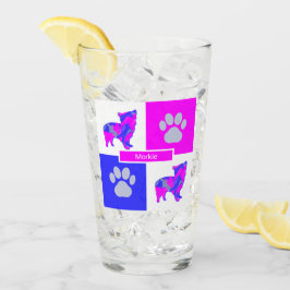 Morkie Silhouette Dog & Paw Pink and Blue Square Glas