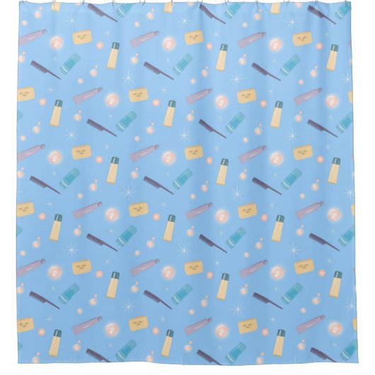 Morning Bathroom Toiletries Pattern Blue Douchegordijn (Voorkant)