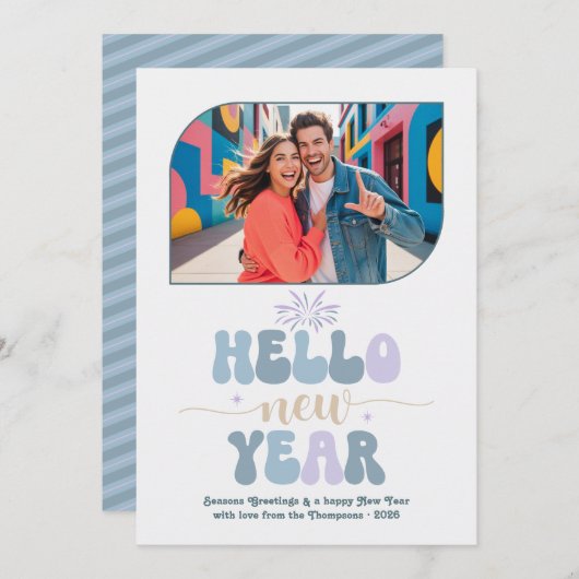 Morning Chill Hello New Year Blue Retro Photo Feestdagenkaart (Voorkant / Achterkant)