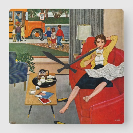 Morning Coffee Break Vierkante Klok (Voorkant)