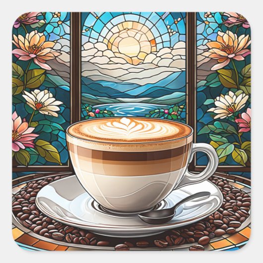 Morning Coffee Glas in lood Vierkante Sticker (Voorkant)