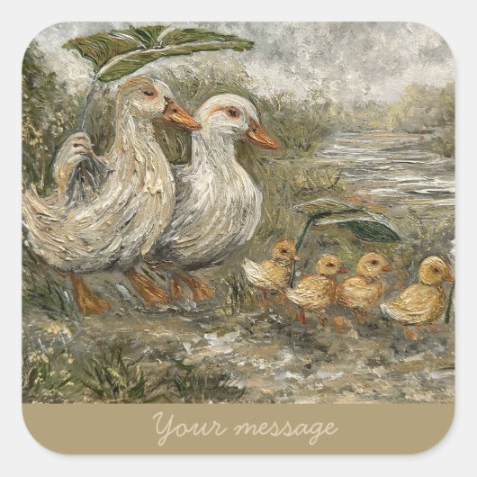 Morning Commute Whimsical Farmhouse Duck Rainy Day Vierkante Sticker (Voorkant)