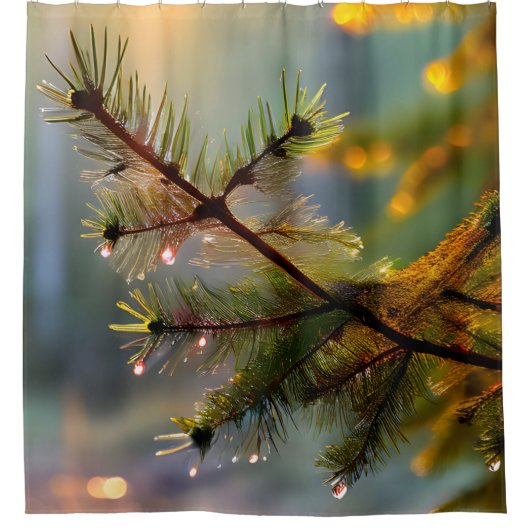 Morning Dew Pine Tree Water Drops Eenvoudig Plezie Douchegordijn (Voorkant)