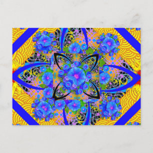Morning Glories Yellow Blue Art Deco Patronen Briefkaart