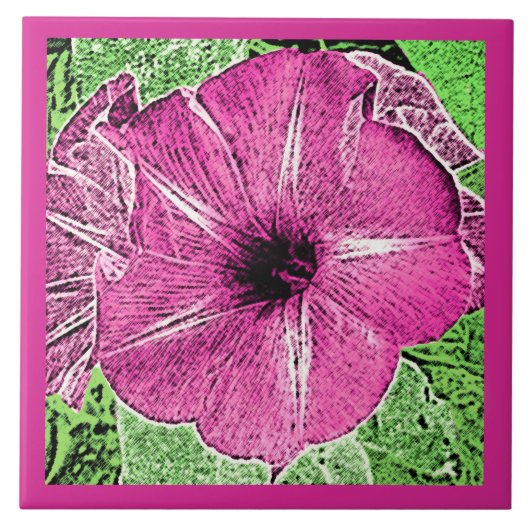 Morning Glory Block Print, Fuchsia Pink Ceramic Ti Tegeltje (Voorkant)
