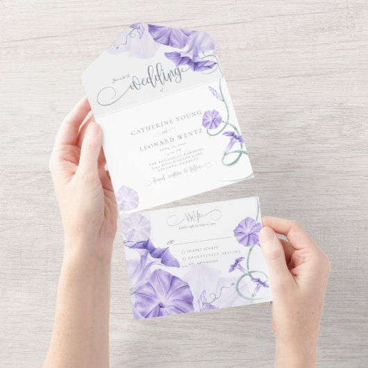 Morning Glory Calligrafie Bruiloft All In One Uitnodiging (Afscheurbaar)