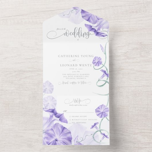 Morning Glory Calligrafie Bruiloft All In One Uitnodiging (Binnen)