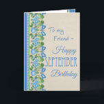 Morning Glory September Birthday Card for Friend Kaart<br><div class="desc">Een Verjaarskaart van September voor een Vriend, met een nostalgisch patroon van de Bloemen van de Blij van de Blauwe Morning (de Bloem van de Maand van de Zitting van September) op een achtergrond van de Steen. Een deel van het collectie van Posh & Painterly 'Morning Glory'. (Dit patroon past...</div>
