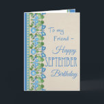 Morning Glory September Birthday Card for Friend Kaart<br><div class="desc">Een Verjaarskaart van September voor een Vriend, met een nostalgisch patroon van de Bloemen van de Blij van de Blauwe Morning (de Bloem van de Maand van de Zitting van September) op een achtergrond van de Steen. Een deel van het collectie van Posh & Painterly 'Morning Glory'. (Dit patroon past...</div>