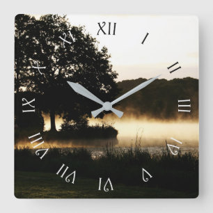 Morning Lake Scene Roman Script Numbers WCA Vierkante Klok