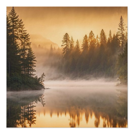 Morning Mist op de rivier in de Pines Perfect Poster (Voorkant)