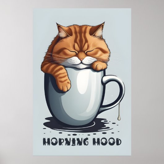 Morning Mood Kat Koffie, Grappige Kat Digitale Kun Poster (Voorkant)