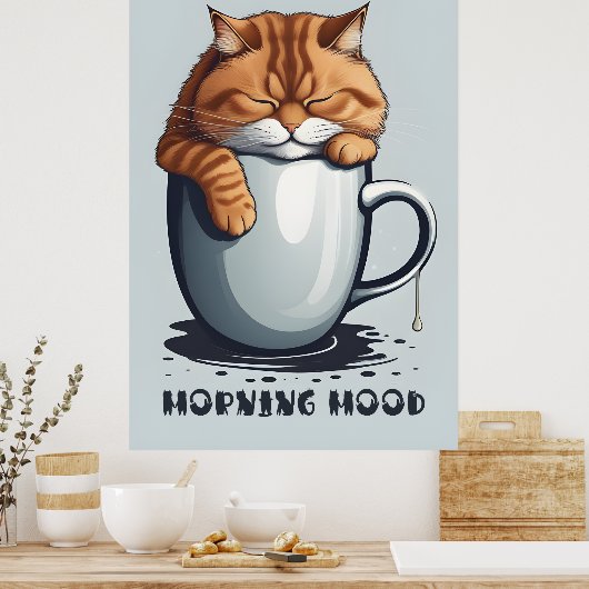 Morning Mood Kat Koffie, Grappige Kat Digitale Kun Poster (Keuken)