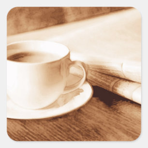 Morning News en Coffee Sepia Tone Vierkante Sticker