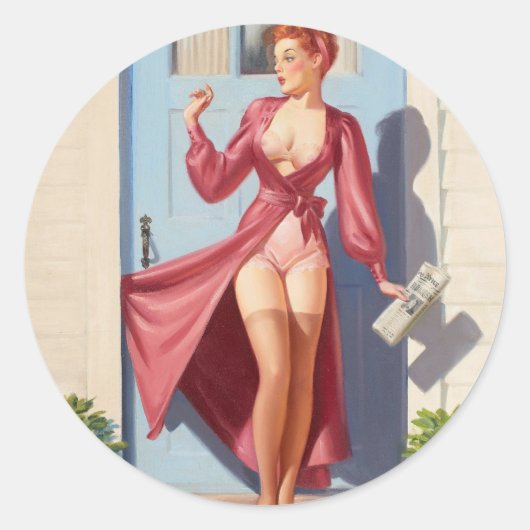 Morning Newspaper Pin-Up Girl Ronde Sticker (Voorkant)