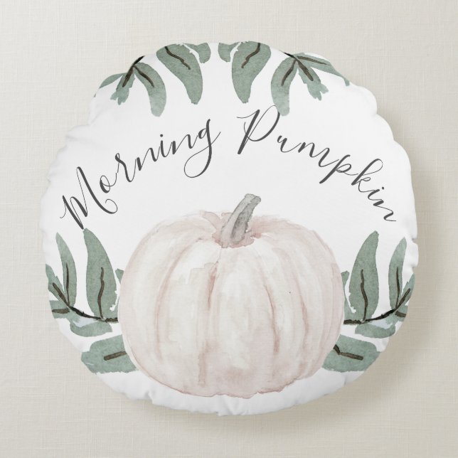 Morning Pumpkin Pastel Waterverf met Fall Leaves Rond Kussen (Voorkant)