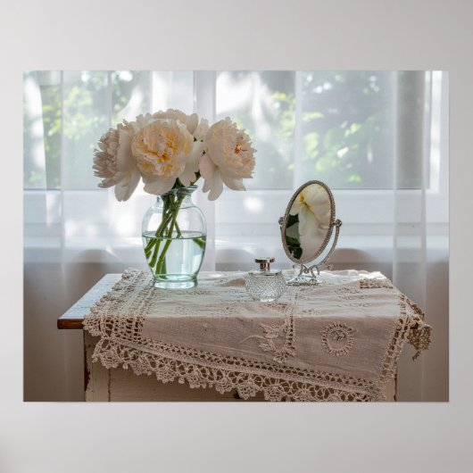 Morning Reverie on the Vanity – Soft Pastel Floral Poster (Voorkant)