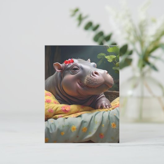 Morning Snuggles: Baby Hippo ontwaakt in een mand, Briefkaart (Staand voorkant)