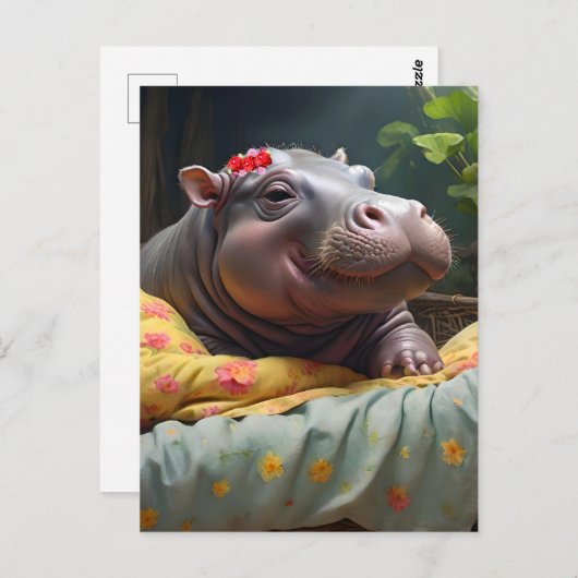 Morning Snuggles: Baby Hippo ontwaakt in een mand, Briefkaart (Voorkant / Achterkant)