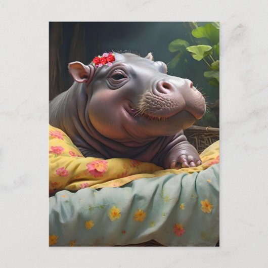 Morning Snuggles: Baby Hippo ontwaakt in een mand, Briefkaart (Voorkant)