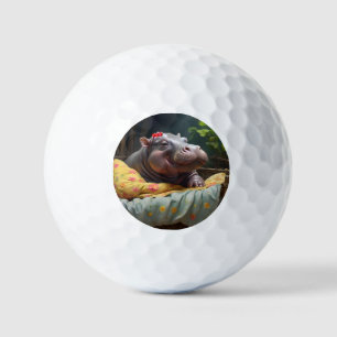 Morning Snuggles: Baby Hippo ontwaakt in een mand, Golfballen