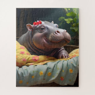 Morning Snuggles: Baby Hippo ontwaakt in een mand, Legpuzzel
