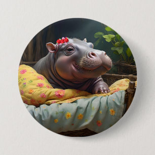 Morning Snuggles: Baby Hippo ontwaakt in een mand, Ronde Button 7,6 Cm