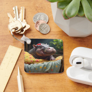 Morning Snuggles: Baby Hippo ontwaakt in een mand, Sleutelhanger