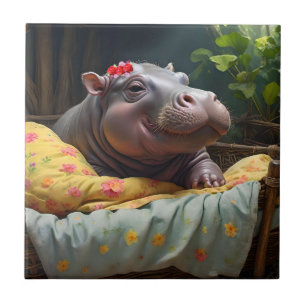 Morning Snuggles: Baby Hippo ontwaakt in een mand, Tegeltje