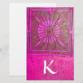 MORNING STAR MONOGRAM, roze fuchsia wit Briefpapier (Voorkant / Achterkant)