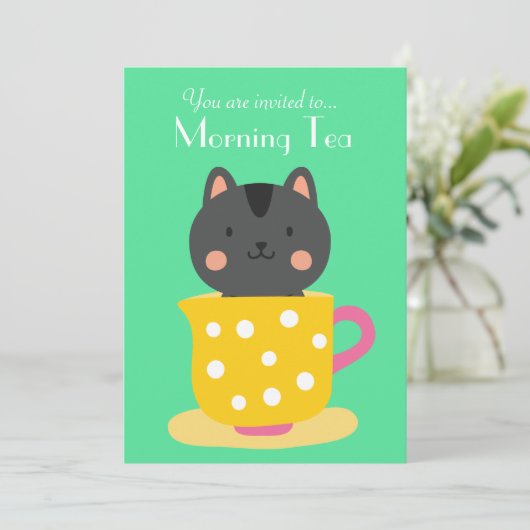 Morning Tea retro kat tea Cups party Kaart (Staand voorkant)