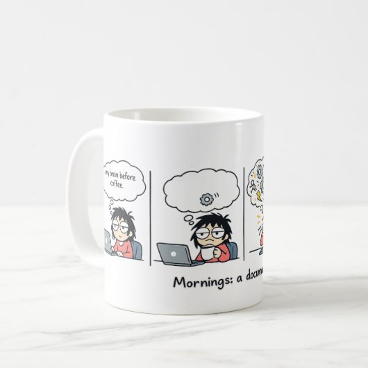 Mornings: een documentaire | Grappige koffie strip Koffiemok (Voorkant links)