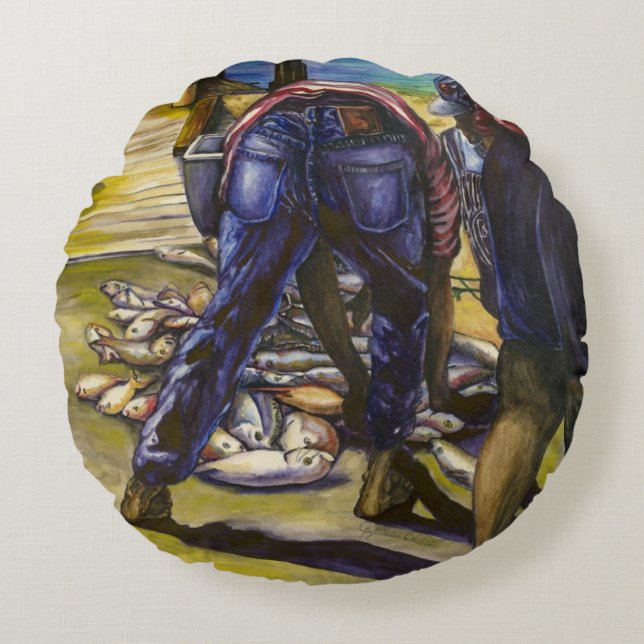 Morning's Vangst, Harbor Island Rond Kussen (Voorkant)