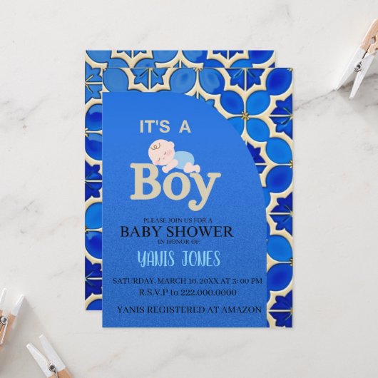 Moroccan boy baby shower Invitation Kaart (Voorkant / Achterkant in situ)