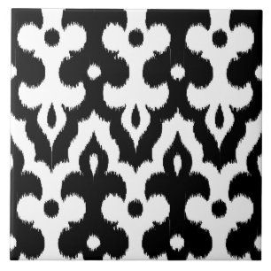 Moroccan Ikat Damask Pattern, Black and White Tegeltje