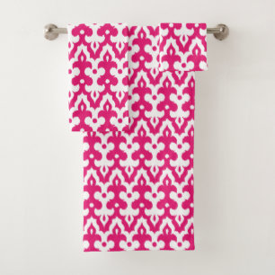Moroccan Ikat Damask Pattern, Fuchsia Pink & White Bad Handdoek