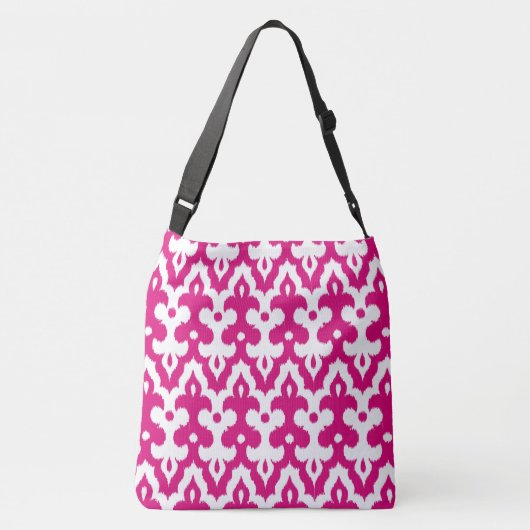 Moroccan Ikat Damask Pattern, Fuchsia Pink & White Crossbody Tas (Achterkant)