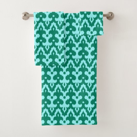 Moroccan Ikat Damask Pattern, Turquoise en Aqua Bad Handdoek (Insitu)