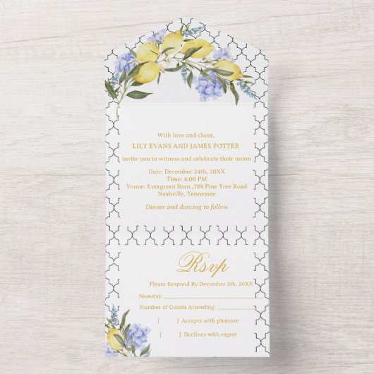 Moroccan Pattern Mediterranean Lemon Wedding  All In One Uitnodiging (Binnen)