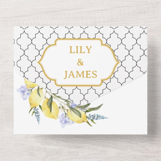 Moroccan Pattern Mediterranean Lemon Wedding All In One Uitnodiging (Achterkant)