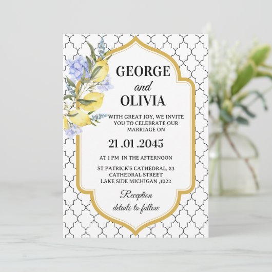 Moroccan Pattern Mediterranean Lemon Wedding Kaart (Staand voorkant)