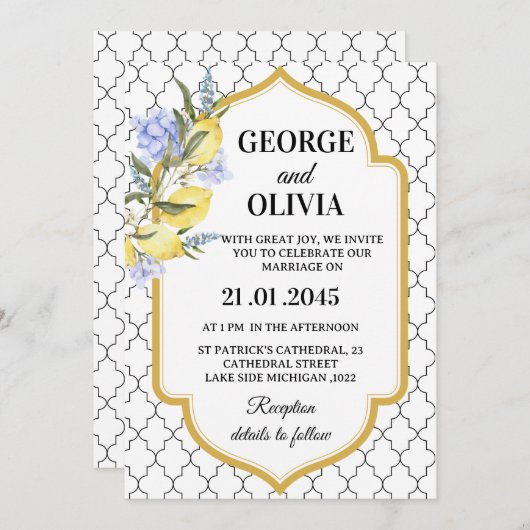 Moroccan Pattern Mediterranean Lemon Wedding Kaart (Voorkant / Achterkant)