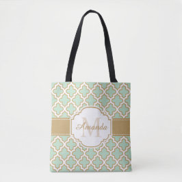 Moroccan Quatrefoil Pattern Gold Mint Monogram Tote Bag