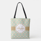 Moroccan Quatrefoil Pattern Gold Mint Monogram Tote Bag (Achterkant)