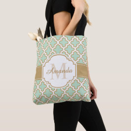 Moroccan Quatrefoil Pattern Gold Mint Monogram Tote Bag