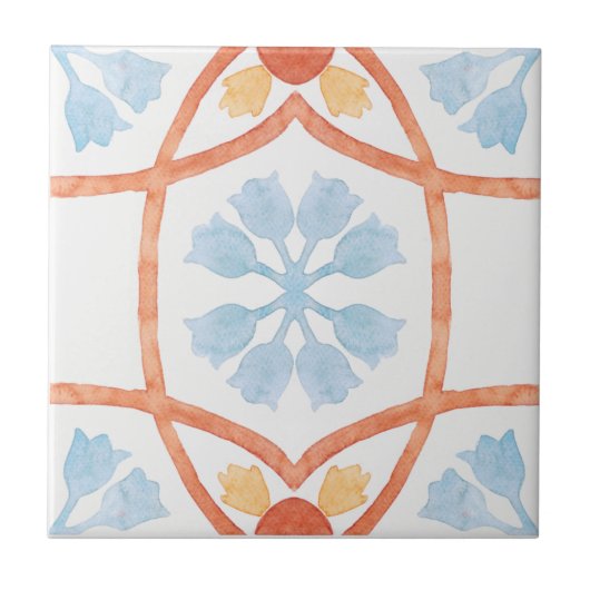 Moroccan style tile flowers orange and blue tegeltje (Voorkant)