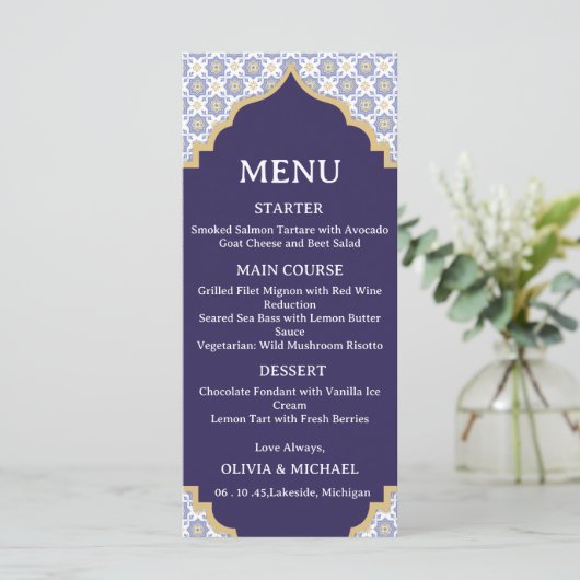 Moroccan Tile Wedding Menu Card (Staand voorkant)