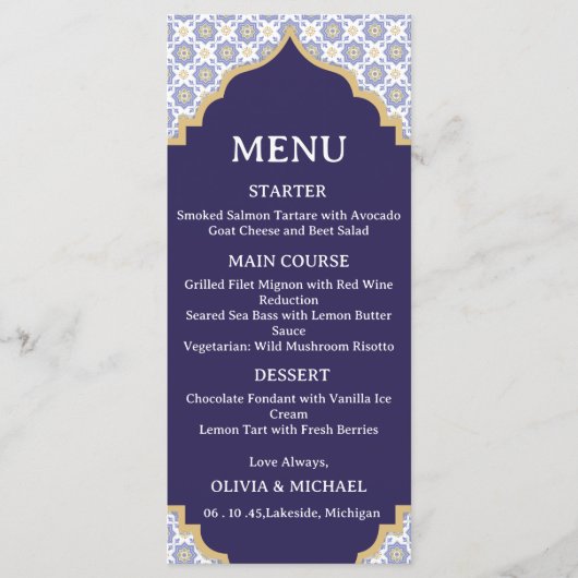 Moroccan Tile Wedding Menu Card (Voorkant)