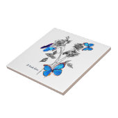 Morph Butterflies on Black and White Roses Tiles Tegeltje (Zijkant)